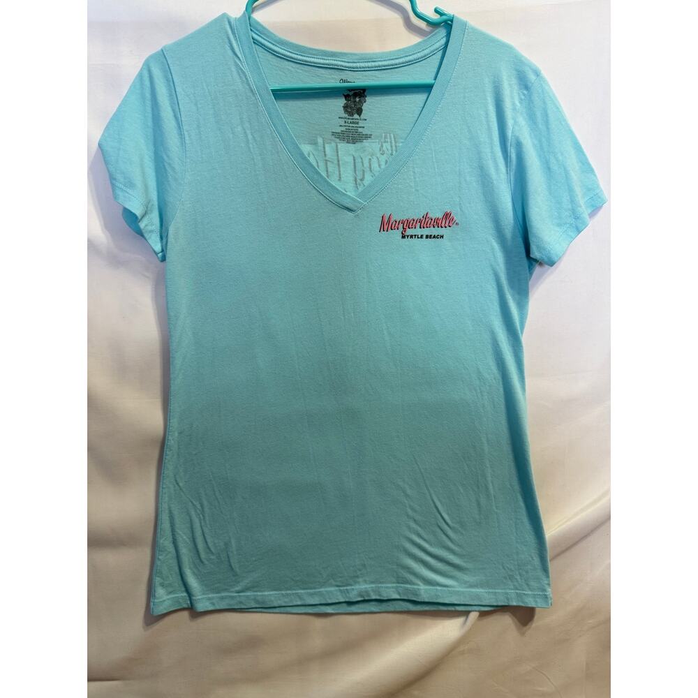 Margaritaville Myrtle Beach XL Blue V Neck T Shirt Happy Hour Somewhere women’s
